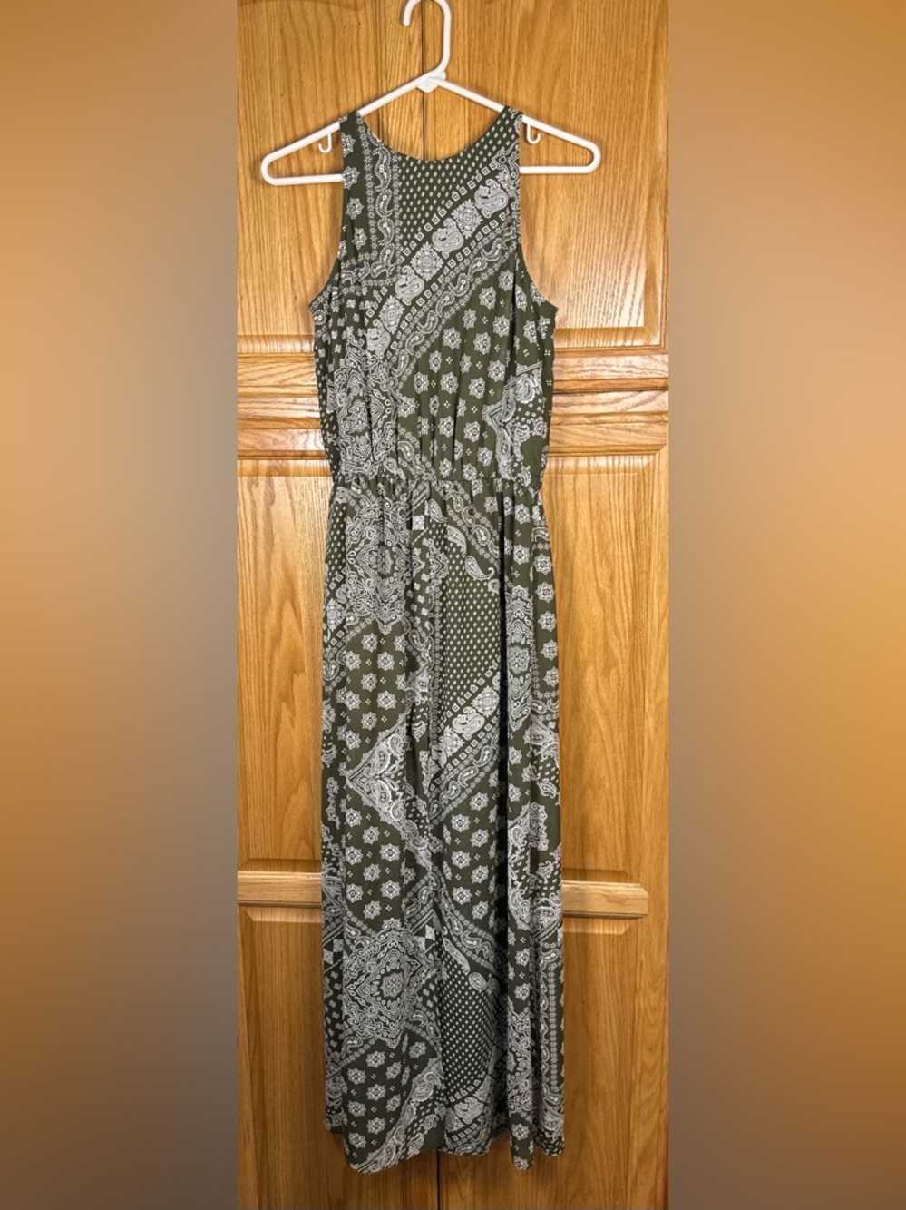 New York & Company Maxi Dress with Romper Olive Green Bandana-Print Size Medium